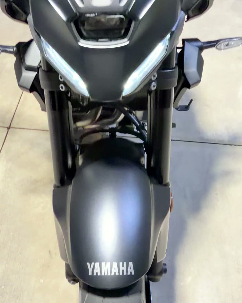Matte grey Yamaha MT-07 head-on after a matte ceramic coating — flat, even finish across the front guard and headlight cowl