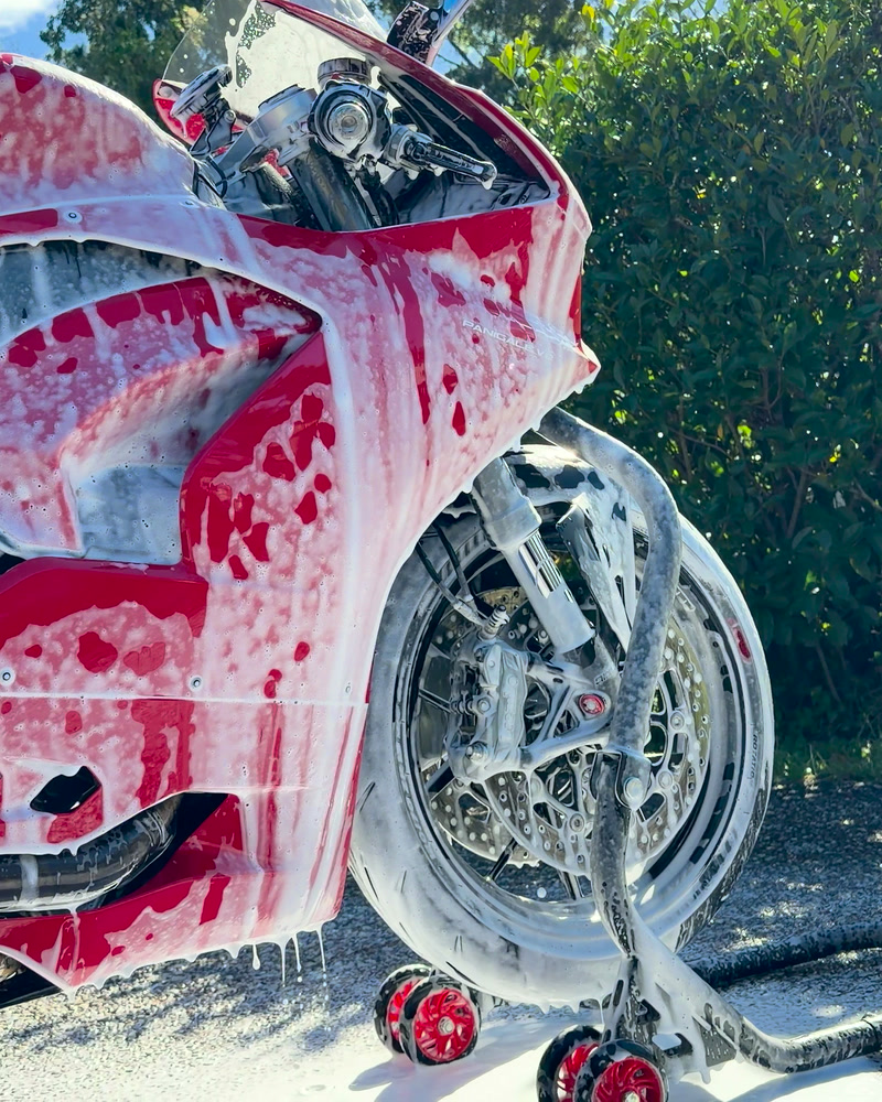 Panigale V2 covered in snow foam during the pre-wash