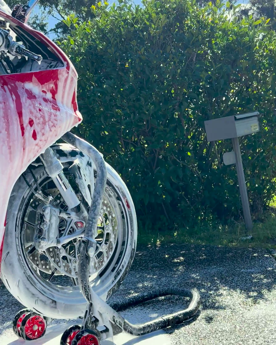Panigale V2 in snow foam during the pre-wash
